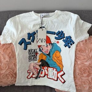 Nwt Zara Kids White Graphic Tee with skater graphic